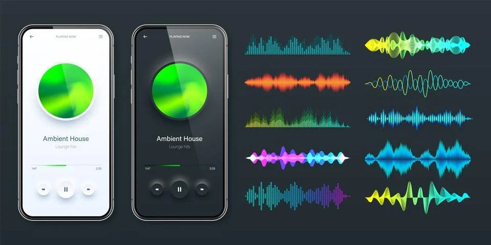 Online audio player user interface, smartphone app UI design. Music, media Stock Illustration