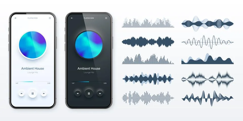 Online audio player user interface, smartphone app UI design. Music, media Stock Illustration