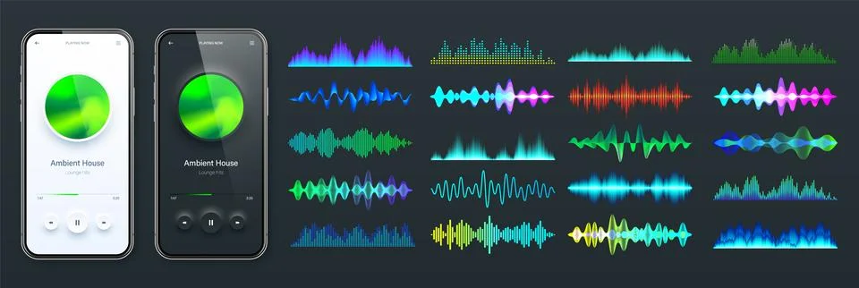 Online audio player user interface, smartphone app UI design. Music, media Stock Illustration