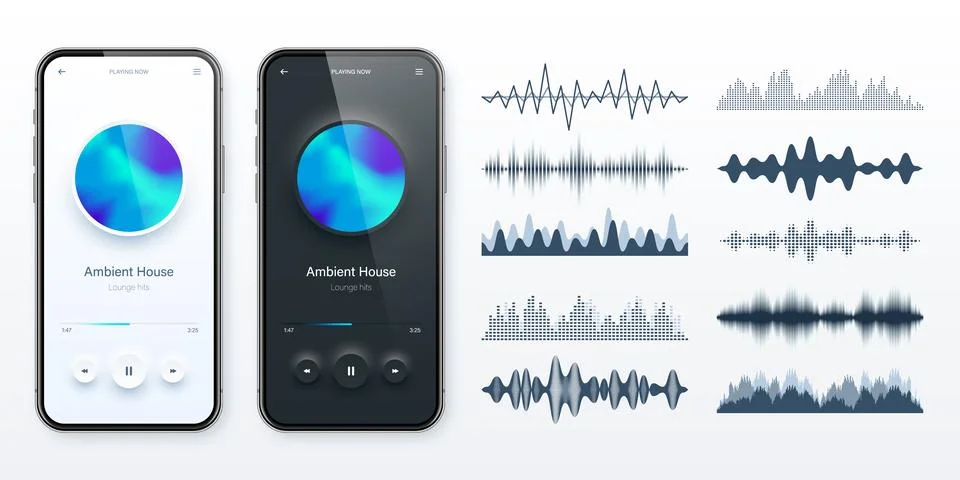 Online audio player user interface, smartphone app UI design. Music, media Stock Illustration