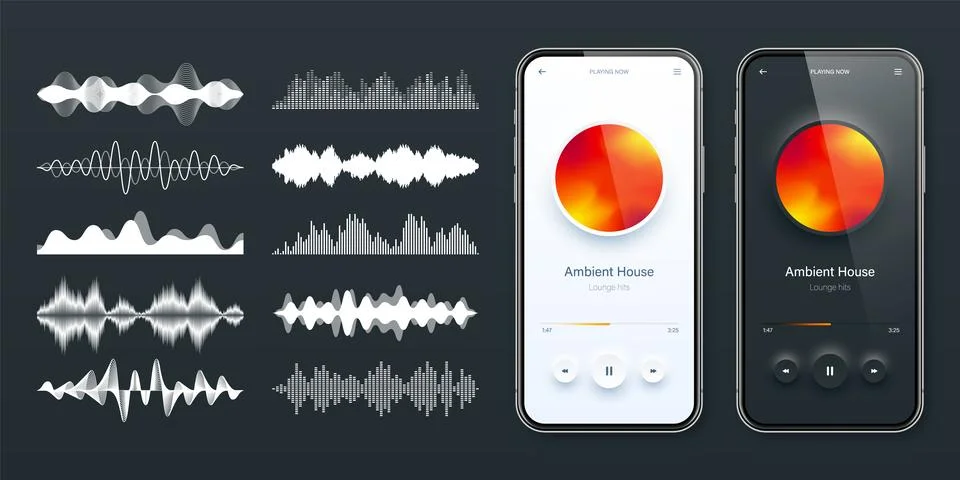 Online audio player user interface, smartphone app UI design. Music, media Illustrazione stock