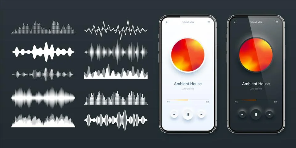 Online audio player user interface, smartphone app UI design. Music, media Stock Illustration