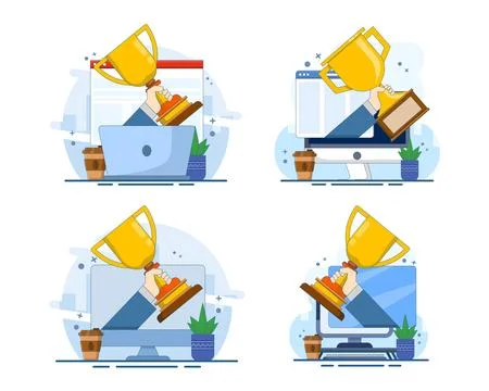 Online award illustration set featuring a laptop, golden trophy, digital prize. Stock Illustration