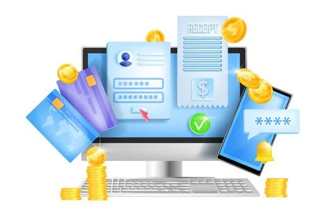 Online bank, internet payment vector money concept, card, computer screen Illustrazione stock