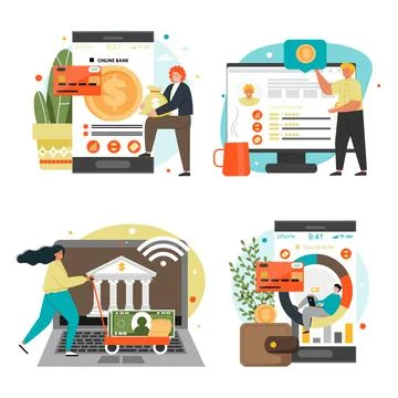 Online bank for secure payment vector scene set Stockillustratie