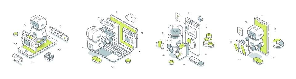 Online banking and chatbot support isometric vector illustration. Robot helps Stock Illustration