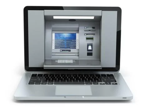 Online banking and payment concept. Laptop as ATM  machine isolated on whit.. Ilustración de archivo