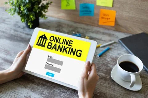 Online banking application on mobile device screen. Financial and internet te Fotos Stock