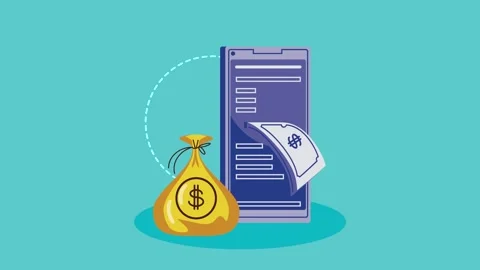 Online banking application motion graphic showing money bag and digital tra.. Vídeos de archivo 333721960