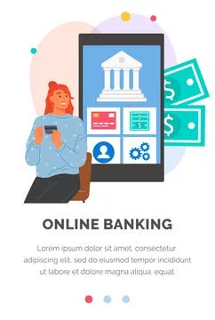 Online banking application on phone screen. Woman uses program for virtual money イラスト素材