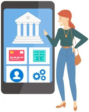 Online banking application on phone screen. Woman uses program for virtual money イラスト素材
