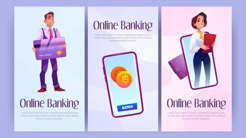 Online banking cartoon posters, money services Stock Illustration
