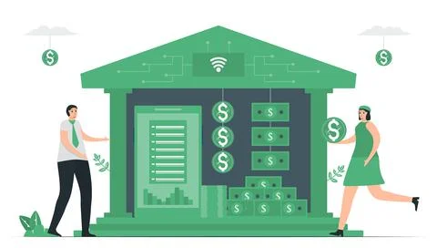 Online banking is e-payment system that people can conduct a range of financi Stock Illustration