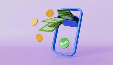 Online banking with elements of smartphone, banknotes and coins Stock Illustration