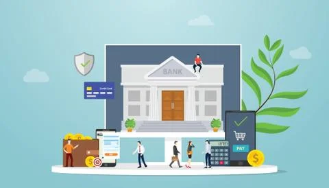Online banking mobile payment technology concept with team people and money f Stock Illustration