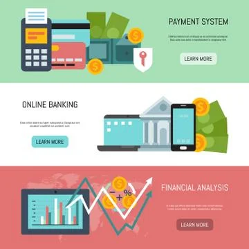 Online banking, payment system and financial analysis vector illustration. Web Illustrazione stock