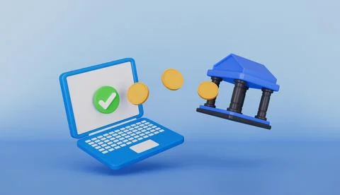 Online banking payments with floating elements of a laptop, coins and checkmark イラスト素材