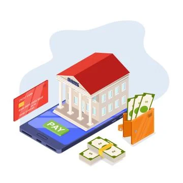 Online banking service, vector isometric illustration. Bank building on smart Stock Illustration