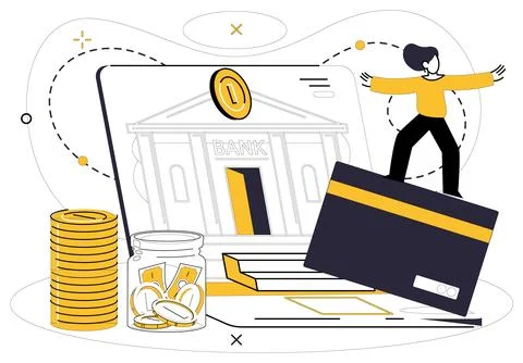 Online banking showcases a computer screen with a bank building, a credit car Stock Illustration