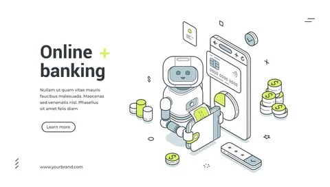 Online Banking Technology Concept With AI Robot Isometric Banner Vector Ill.. Stock Illustration