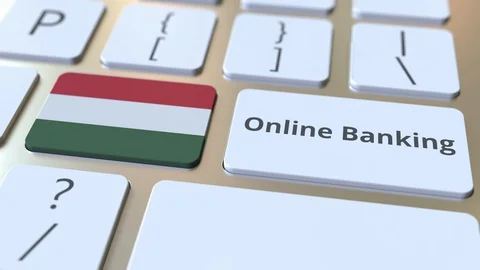 Online Banking text and flag of Hungary on the keyboard. Internet finance Stock Footage 127719748
