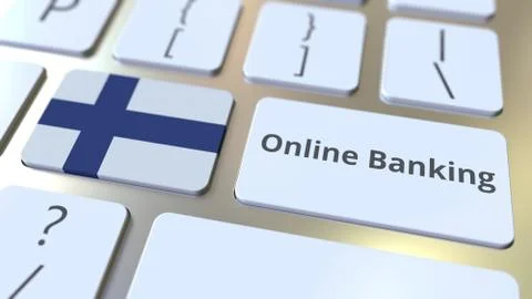 Online Banking text and flag of Finland on the keyboard. Internet finance Stock Illustration