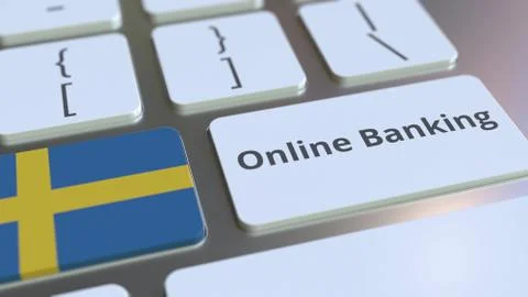 Online Banking text and flag of Sweden on the keyboard. Internet finance related Stock Illustration
