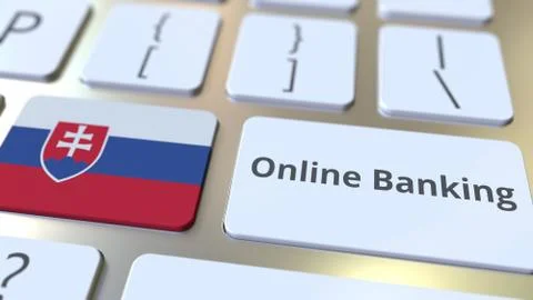 Online Banking text and flag of Slovakia on the keyboard. Internet finance Stock Illustration