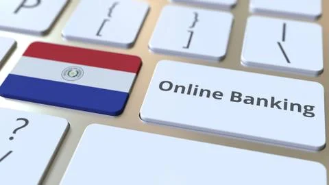 Online Banking text and flag of Paraguay on the keyboard. Internet finance Stock Illustration
