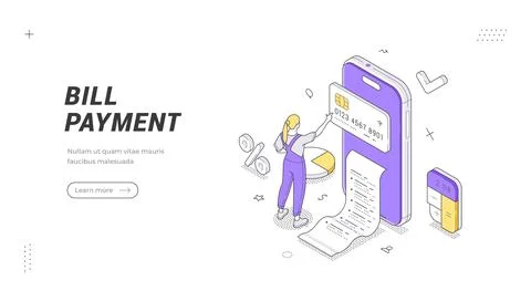 Online bill payment and mobile banking isometric banner template. Vector illu Stock Illustration