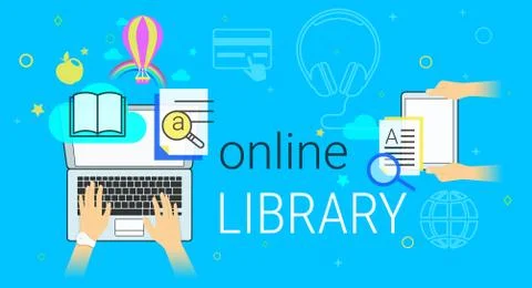 Online book and electronic library app on laptop creative concept vector Illustrazione stock