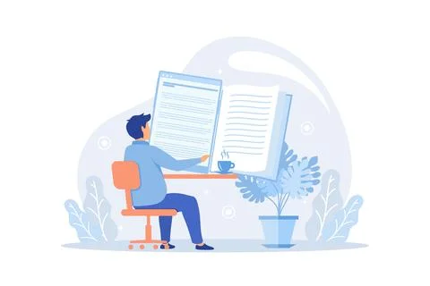 Online book library concept. Vector graphic illustration with characters re.. Stock Illustration