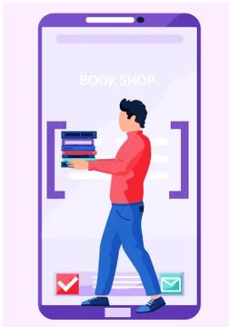 Online book shop, e-learning, digital library concept. Smartphone screen with Stock Illustration