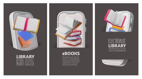 Online book store 3D style poster design vector set, books, literature Illustrazione stock