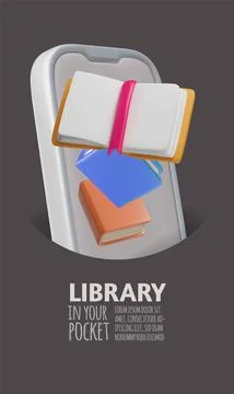 Online book store, library in your pocket 3D vector poster, electronic books Stock Illustration