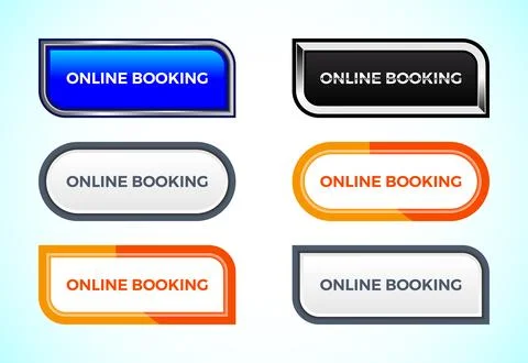 Online Booking button set of different shapes and colors. Suitable for mobi.. Stock Illustration