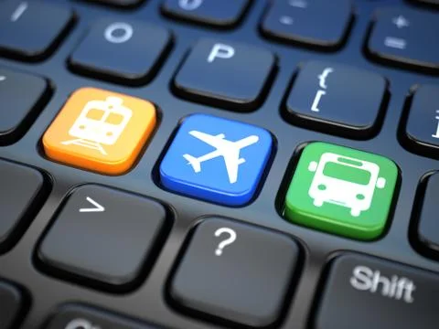 Online booking  tickets to train, bus or airplane. laptop keyboard, Ilustración de archivo