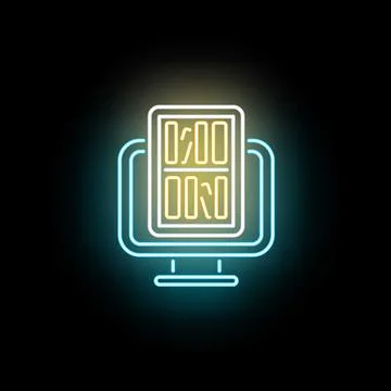 Online bookshelf digital library neon icon concept Stock Illustration