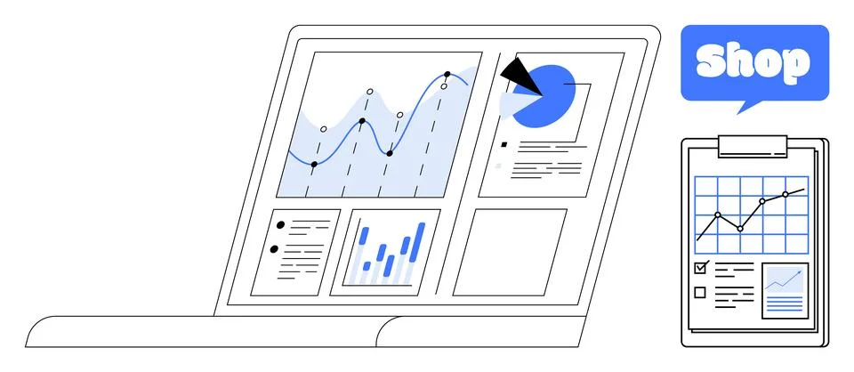 Online Business Analytics and E-commerce Illustration with Graphs and Charts Stock Illustration