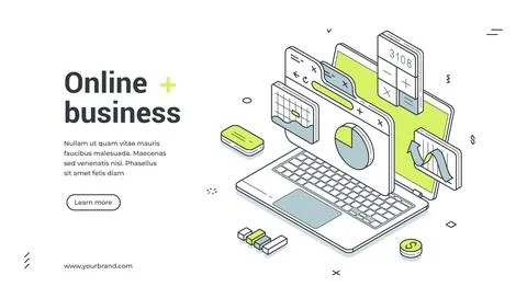Online business analyzing strategy development isometric web banner design te 스톡 일러스트