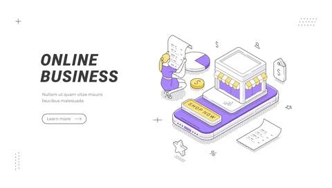 Online Business And E-commerce Store Isometric Vector Banner Illustration T.. Stock-Illustration