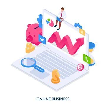 Online business concept. Man develops his business using a laptop.  Stock Illustration