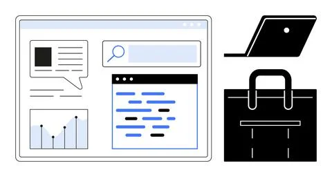 Online business, data analysis, e-commerce, workplace tools, digital collabor Stock Illustration