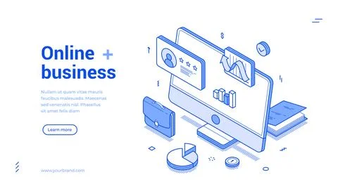 Online business management analyzing optimization isometric web banner vector 스톡 일러스트