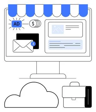 Online business management tools computer screen with cloud storage and bri.. Illustrazione stock
