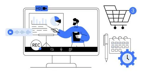 Online Business Presentation with Data Charts and Various Digital Tools Illustrazione stock