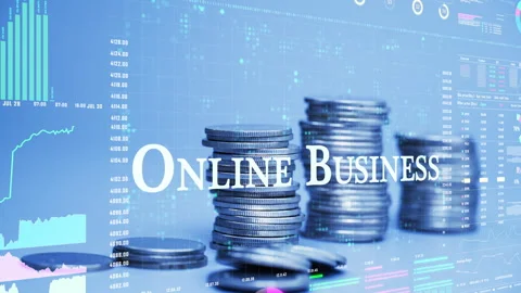 Online business text on coins stack increase with business data hologram. Stock Footage 281387250