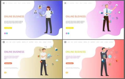 Online Business Workers with Global Network Set Illustrazione stock