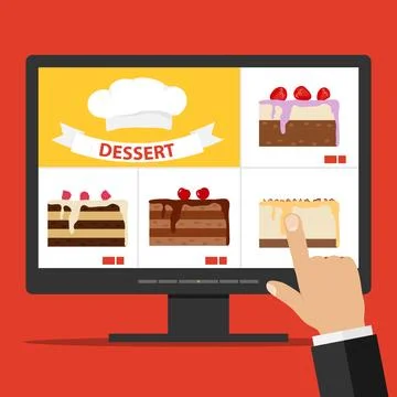 Online cake ordering via the Internet. Select a cake on the computer. Stock Illustration