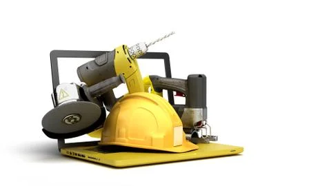 Online calculation of construction costs building supplies fly out from lapto Stock Illustration